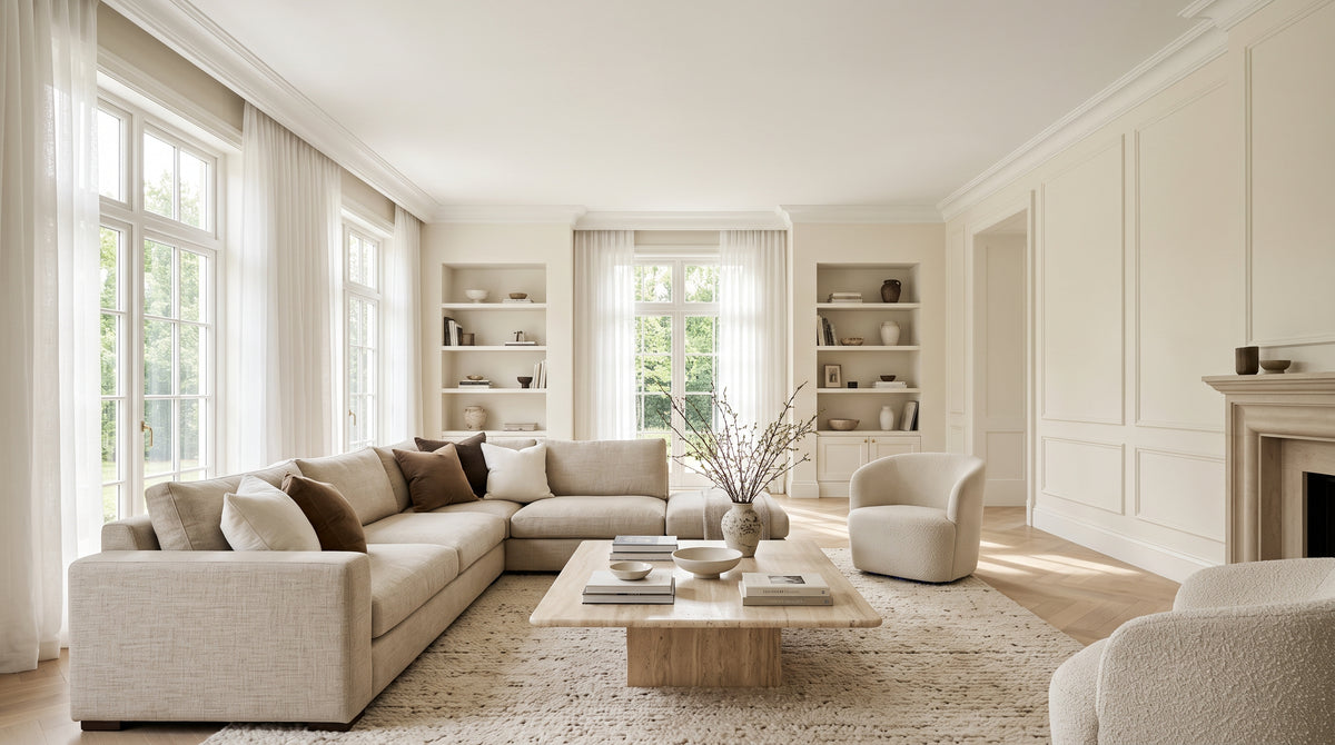 Sunlit living room with a pale ceiling and warm off-white walls