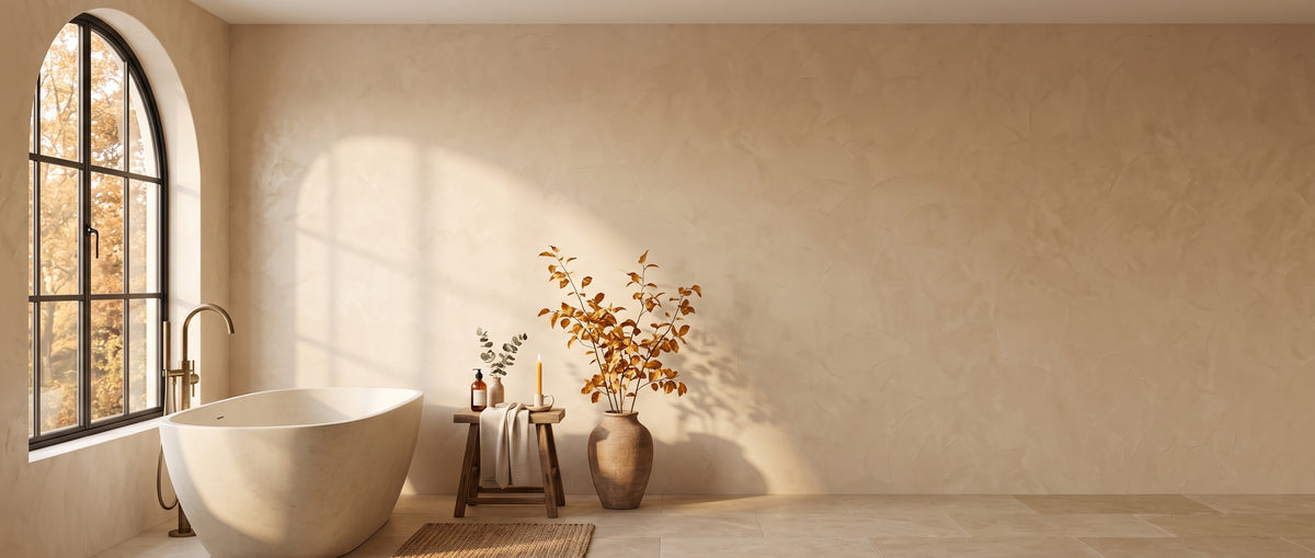 Venetian plaster wall in a sunlit autumn room